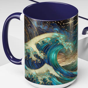 Stained Glass Ocean Wave Mug: Coastal Beach Art Ceramic Cup