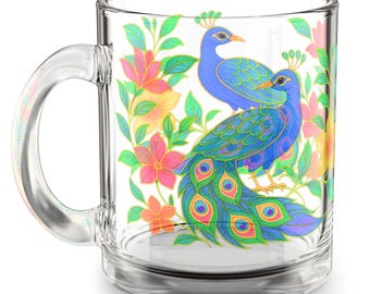 Peacock Floral Glass Mug: Colorful Tea Coffee Cup, Bird Lover Gift