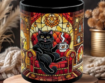 Black Cat Stained Glass Coffee Mug - Cozy Cat Lover Gift