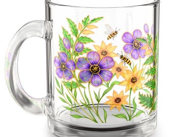 Hand-Painted style Floral Glass Mug: Nature Lover's Tea Cup
