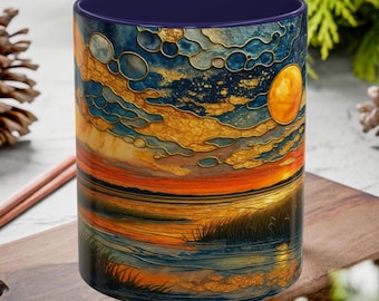 Stained Glass Sunset Ceramic Mug, Ocean Sky Art, Nature Lover Gift