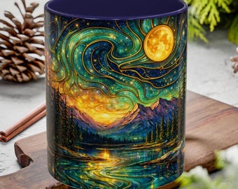 Starry Night Forest Mug, Stained Glass Style, Celestial Galaxy Art