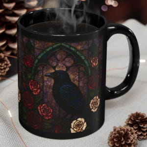 Gothic Raven Mug: Stained Glass Crow & Roses - Dark Academia