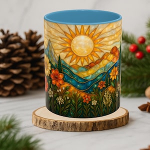 May include: A ceramic mug with a vibrant stained-glass design featuring a sun, mountains, and flowers. The mug has a blue interior and is set on a wooden coaster. The artwork includes shades of orange, yellow, blue, and green.