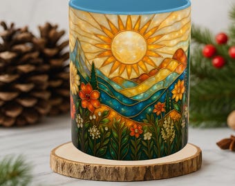 Stained Glass Sunflower Mountain Mug  Colourful Nature Coffee Cup, Floral Art Gift for Her