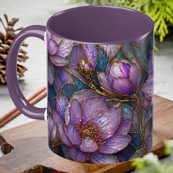 Purple Peony Stained Glass Mug, Mothers Day Gift for Mom, Floral Coffee Cup, Gold Foil Botanical Mug, Luxury Aesthetic Mug, Gift for Her