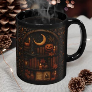 Halloween Witch Bookshelf Mug: Gothic Pumpkin Coffee Cup