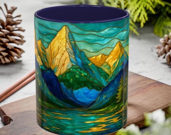 Stained Glass Mountain Ceramic Mug, Landscape Coffee Cup