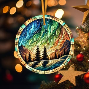Northern Lights Ceramic Ornament: Stained Glass Style Aurora Borealis