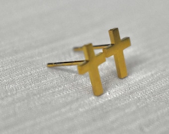 18K Gold Plated Cross Stud Earrings: Stainless Steel Screw-backs