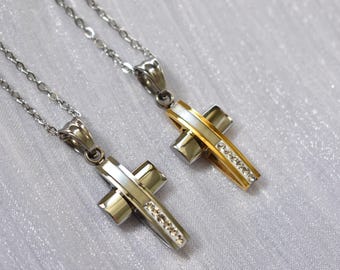 Men's CZ Cross Pendant Necklace: 18K Gold Plated Stainless Steel