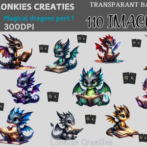 Könnte beinhalten: Ein Set mit 10 digitalen Illustrationen von niedlichen Drachen, die Bücher lesen. Die Drachen sind in verschiedenen Farben, darunter Schwarz, Blau, Grün, Rot und Gold. Die Illustrationen sind perfekt für den Einsatz in digitalem Scrapbooking, Kartenherstellung und anderen kreativen Projekten.
