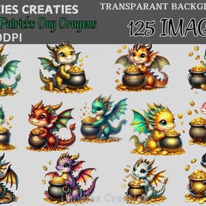 May include: Twelve adorable cartoon dragons, each holding a pot of gold coins. The dragons are green, red, yellow, blue, purple, and black. The background is transparent.