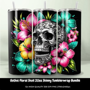 Gothic Skull Tumbler Wrap für Blumenliebhaber, Skull 20oz Skinny Tumbler Bundle Sublimationsdesign, Gothic Tumbler Wrap PNG, Skull Art Design