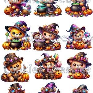 May include: Nine adorable teddy bears dressed in witch costumes with various Halloween decorations, including pumpkins, candy, and cauldrons.