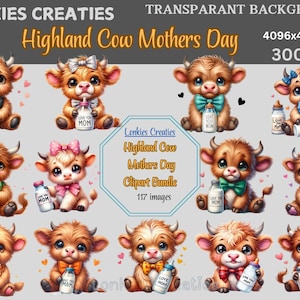 Mother&#39;s Day Highland Cow Watercolor Clipart Bundle-117,300DPI PNG, Cute Sublimation Art,Unlimited Commercial Use,Transparant Background