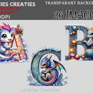 Weihnachten Drachen Alphabet Clipart Bundle-26 Aquarell Buchstaben, Sublimation PNGs, 300 DPI, direkter Download, unbegrenzte kommerzielle Nutzung