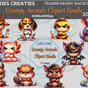 Grumpy Animal Watercolor Clipart Bundle-75Funny Cartoon,Transparant Bg,300 DPI PNG Sublimation For Crafters ,Direct Download,Commercial Use