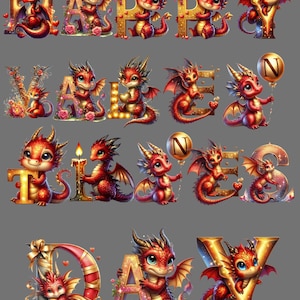 Valentinstag Aquarell Drache Alphabet Clipart Bundle-26 300DPI PNG-Bilder, süße Drachen, sofortiger Download, unbegrenzte kommerzielle Nutzung