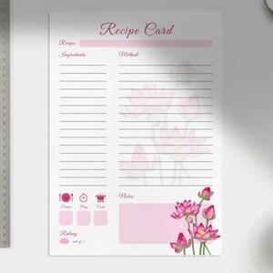 Receptkaart afdrukbaar A4 - lotusbloemen - digitale download (pdf)