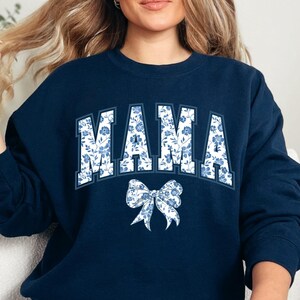 Mama Sweatshirt, Blue Ribbon Shirt, Mothers Day Gift, Girly Aesthetic Gift For Mom, Cute Mom Shirt, Bow Shirt, Chinoiserie Shirt, Bow Mom