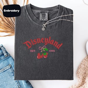 a gray t-shirt with a Disneyland logo, a pair of blue jeans, and some accessories such as a necklace and a scarf, all laid out on a white surface.