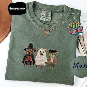 Cute Halloween Teddy Bear Shirt, Embroidered Witch Ghost Frankenstein Bears, Comfort Colors Spooky Season Tee, Halloween Gift