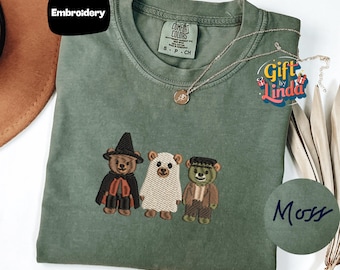 Cute Halloween Teddy Bear Shirt, Embroidered Witch Ghost Frankenstein Bears, Comfort Colors Spooky Season Tee, Halloween Gift