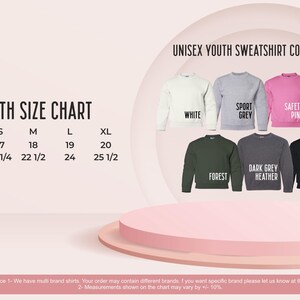 The image is a youth size chart for a collection of youth sweatshirts, with various color options and corresponding sizes.