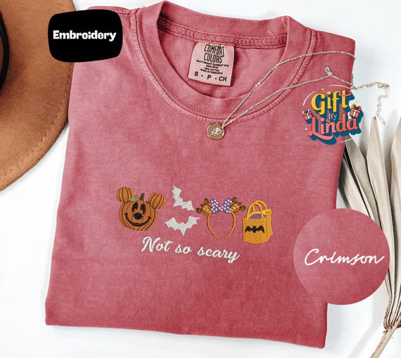 Embroidery Halloween Not So Scary Shirt, Mickey Pumpkin Embroidery Tee, Spooky Cute Fall Outfit, Bat Mouse Ears Trick Bag Shirt