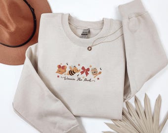 Storybook Honey Bear Embroidered Sweatshirt, Gildan Crewneck Hoodie, Bee Bow Pullover, Honey Pot Gift, Cozy Bear Winter Shirt