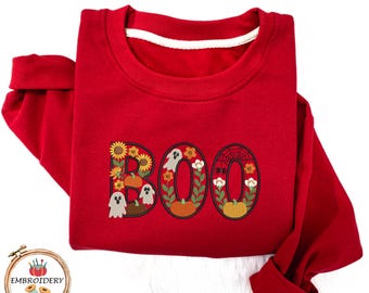 Halloween Sweatshirt, Floral Ghost Pumpkin Embroidery (Cozy Fall Crewneck)