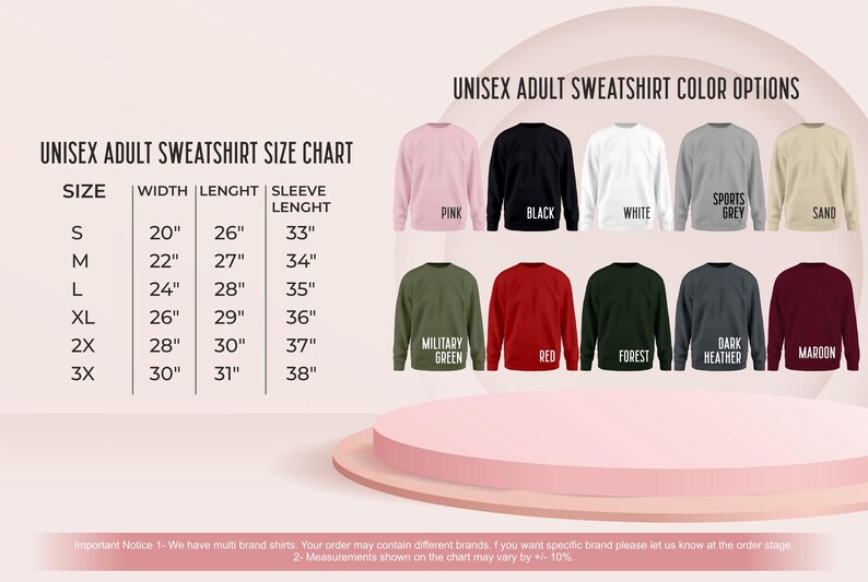 a chart and a collection of different adult sweatshirt colors, sizes, and styles, along with a pink podium in the background.