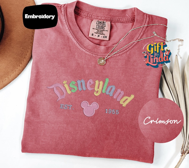 a pink t-shirt with a Disneyland logo, a necklace, and a gift tag, all placed on a white surface.