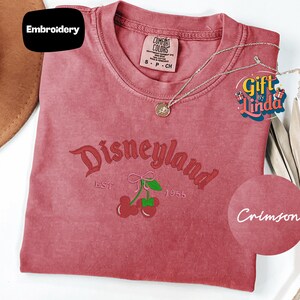 a red t-shirt with a Disneyland logo, a necklace, and a tag with the text "Gift by Linda".