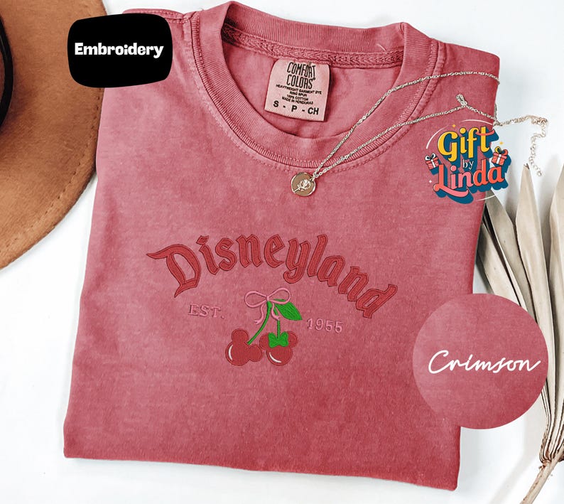 a red t-shirt with a Disneyland logo, a necklace, and a tag with the text "Gift by Linda".