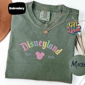 a green t-shirt with a Disneyland logo, a necklace, and a hat, all placed on a white surface.