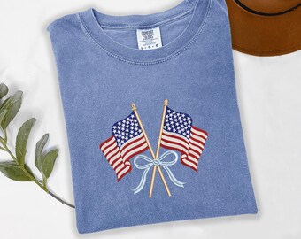 Embroidered 1776 USA Flag Comfort Colors Shirt, America 250 Years Tee, 2026 Patriotic Fourth of July Anniversary Bow Shirt, Gift
