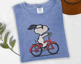 Red Bike Beagle Embroidered Shirt, Cartoon Cycling Dog Tee, Comfort Colors Pet Lover Gift, Vintage Bicycle Dog Shirt, Dog Mom Gift