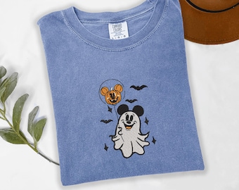 Ghost Mouse Pumpkin Balloon Embroidered Shirt, Cute Halloween Disney Tee, Fall Comfort Colors Embroidery Gift