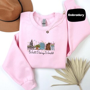 A pink sweatshirt with a Disney World logo, a brown hat, and some leaves are arranged on a white background.