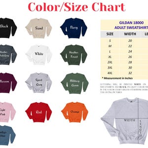 The image is a color/size chart for a GILAN 182000 adult sweatshirt. It displays various color options and corresponding sizes, along with a measurement chart for the sweatshirt's width, length, and height.