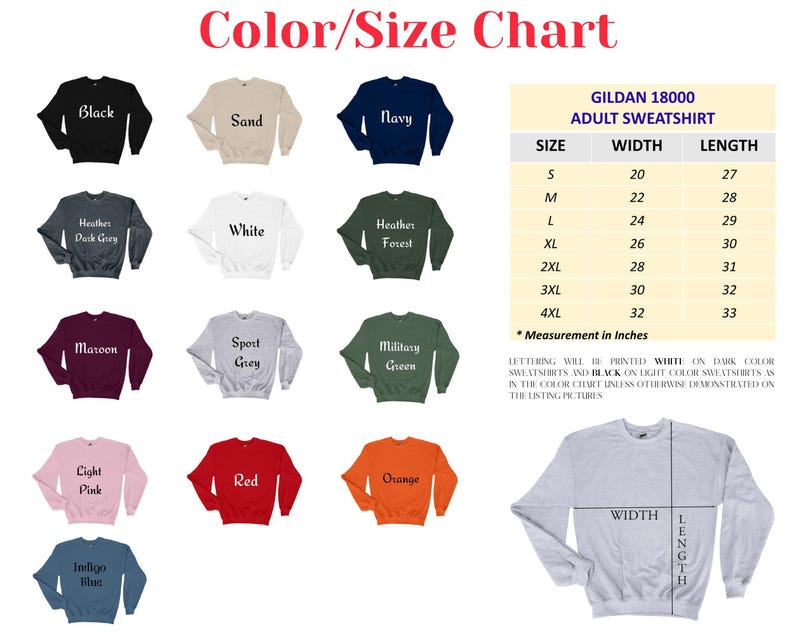 The image is a color/size chart for a GILAN 182000 adult sweatshirt. It displays various color options and corresponding sizes, along with a measurement chart for the sweatshirt's width, length, and height.
