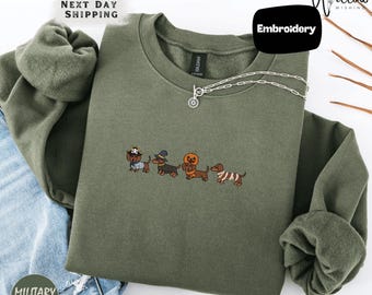 Dachshund Halloween Sweatshirt Hoodie Embroidered Dog Lover Pumpkin Witch Fall Cozy Pullover Gift For Dog Mom Unisex