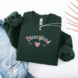 A green sweatshirt with the text "Disneyland EST. 1965" printed on it, along with a small Mickey Mouse logo, is displayed on a white background.