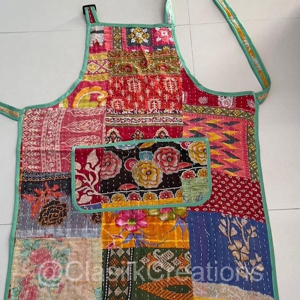 Handmade Kantha Vintage Quilt Apron Reversible Cotton Kitchen Patchwork Apron Gift