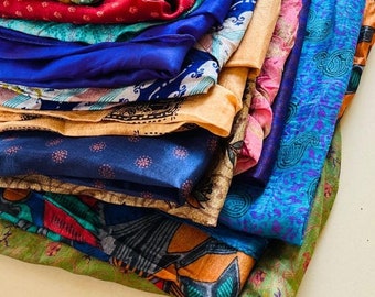 Assorted Recycled Art Silk Sari Fabric Bundle: Vintage Indian Dressmaking