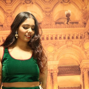 Velvet Green Crop Top & Layered Brocade Skirt Set | Traditional Indian Outfit | Boho Ethnic Wear