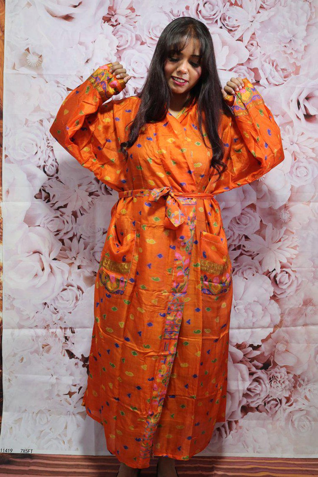 Beautiful Orange Vintage Indian Women's Silk Robe Cotton Dressing Gown ...