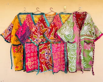Handmade Kantha Quilted Cotton Kimono Jacket, Boho Patchwork Robe